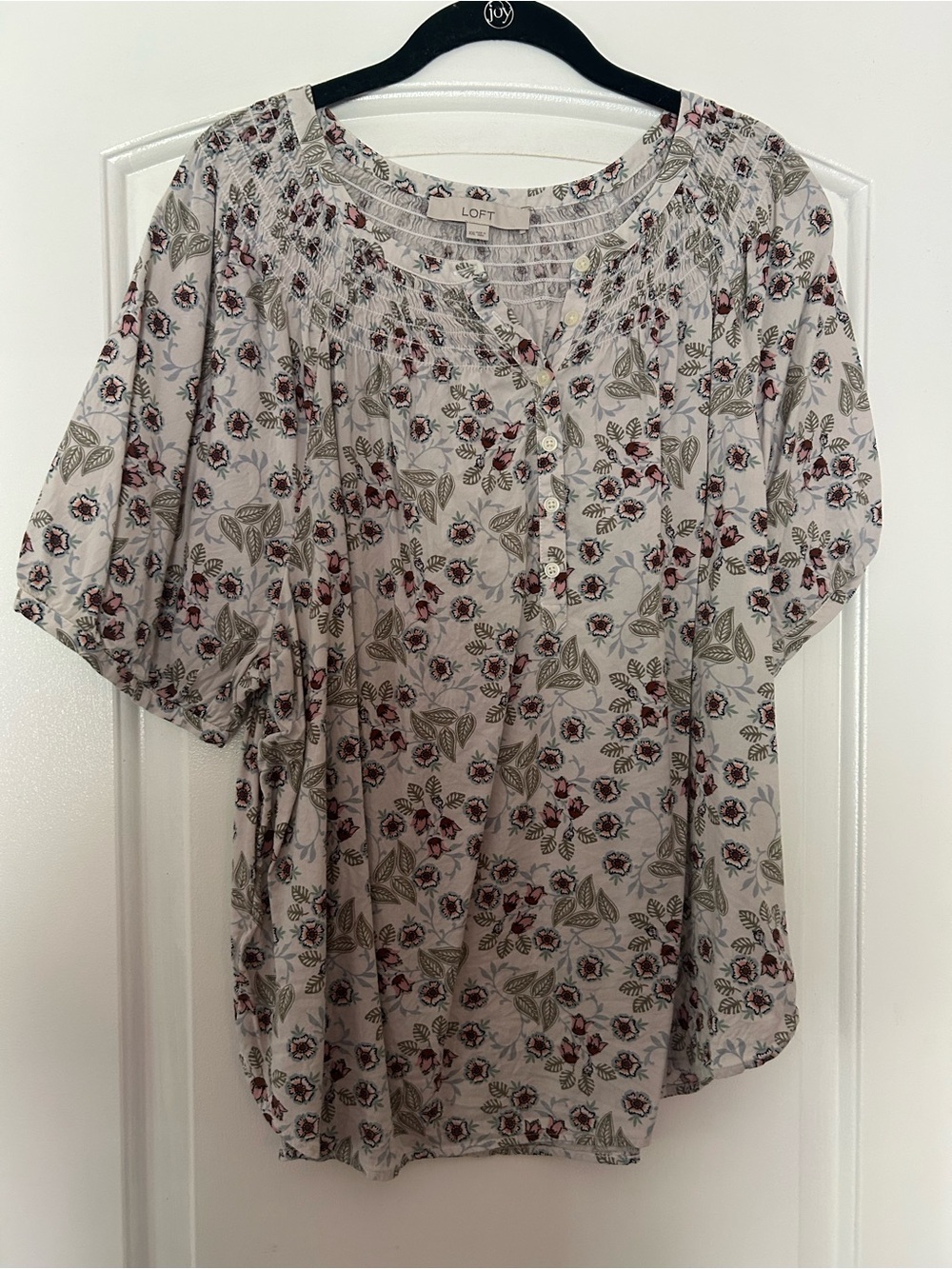 LOFT Cream Floral Button-Front Smocked Yoke Blouse with Green Leaves